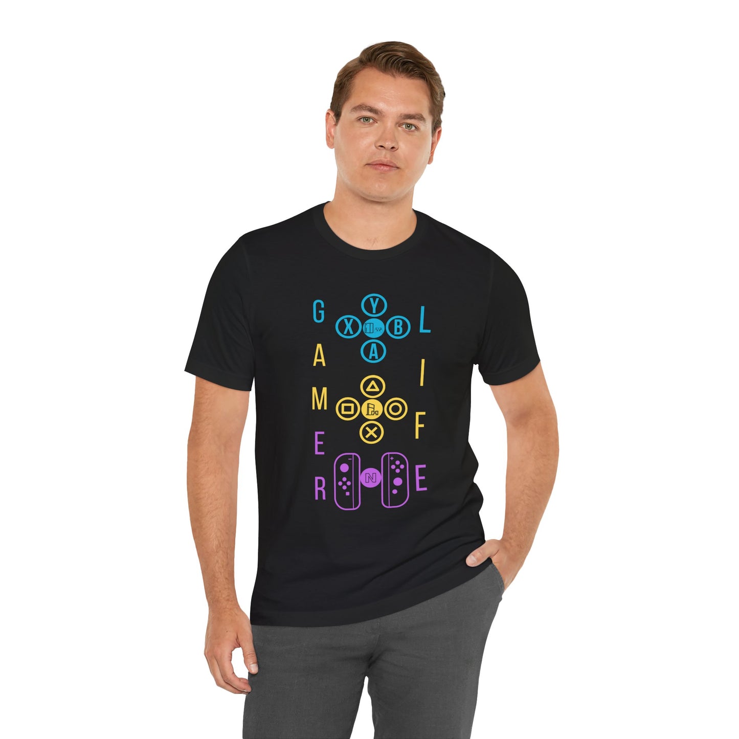 Gamer Life, Buttons Version, Unisex, Black Jersey, Short Sleeve Tee