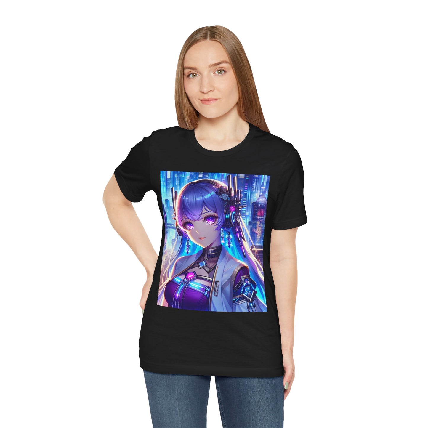 Anime Cyber-punk Gal, Unisex, Black Jersey, Short Sleeve Tee