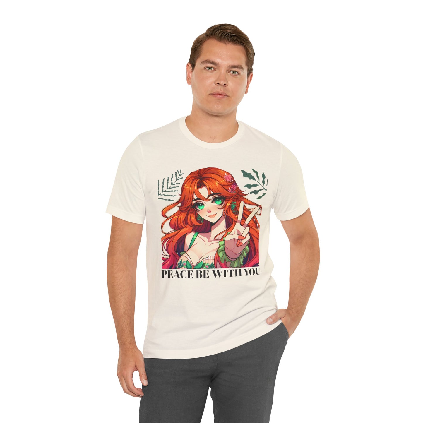Anime 'PEACE BE WITH YOU' Gal, Unisex, Black Jersey, Short Sleeve Tee