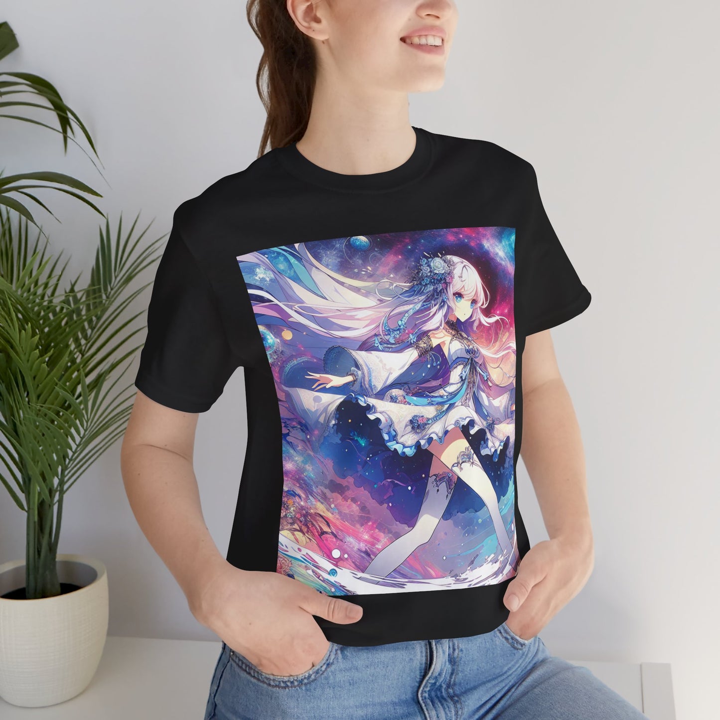 Anime Space Girl, Unisex, Black Jersey, Short Sleeve Tee