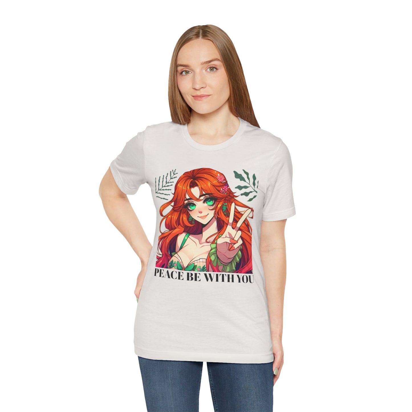 Anime 'PEACE BE WITH YOU' Gal, Unisex, Black Jersey, Short Sleeve Tee