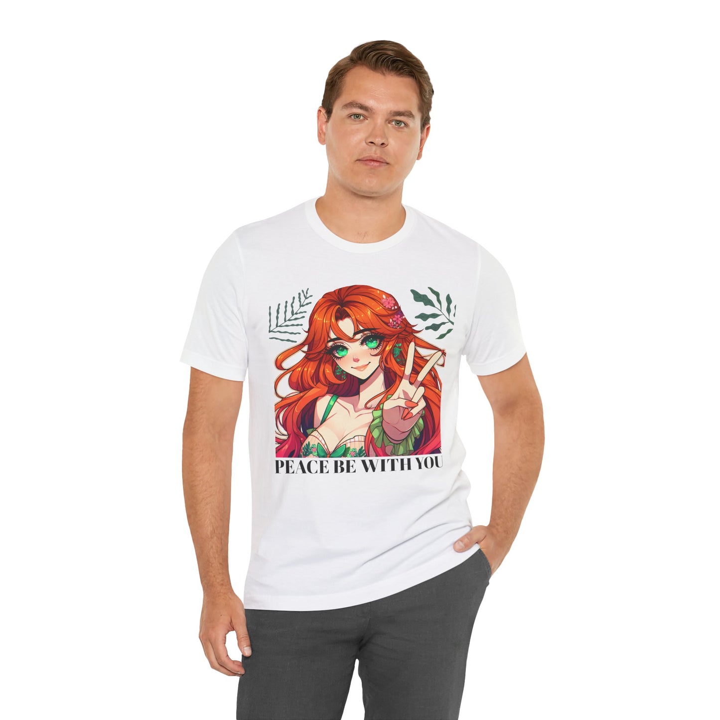 Anime 'PEACE BE WITH YOU' Gal, Unisex, Black Jersey, Short Sleeve Tee