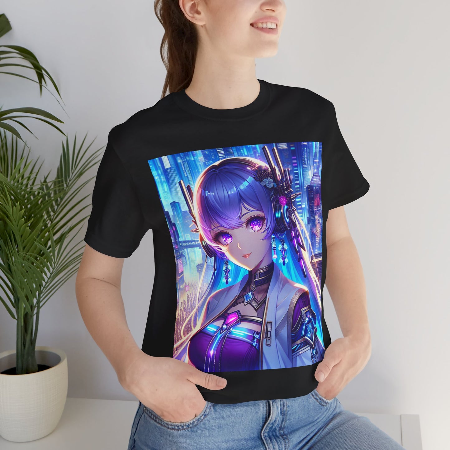 Anime Cyber-punk Gal, Unisex, Black Jersey, Short Sleeve Tee
