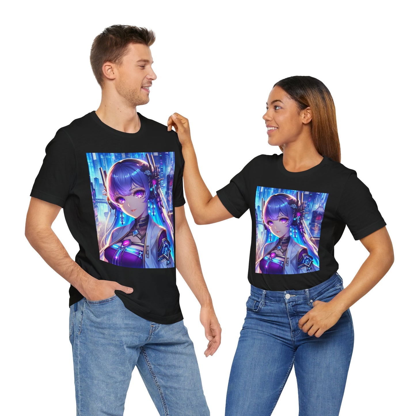 Anime Cyber-punk Gal, Unisex, Black Jersey, Short Sleeve Tee