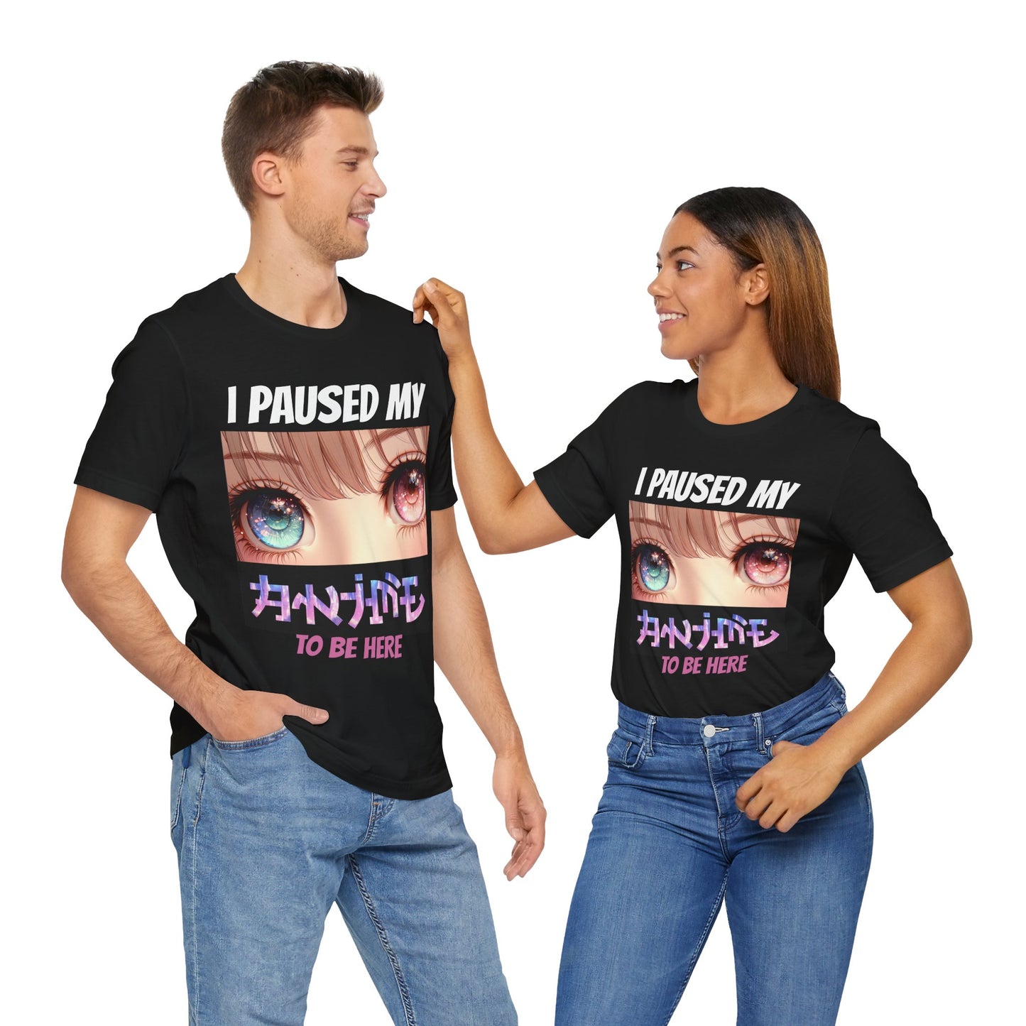 I PAUSED MY ANIME TO BE HERE (PINK & BLUE EYES), Unisex, Black Jersey, Short Sleeve Tee