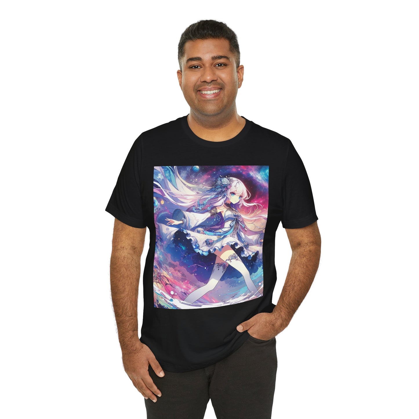 Anime Space Girl, Unisex, Black Jersey, Short Sleeve Tee