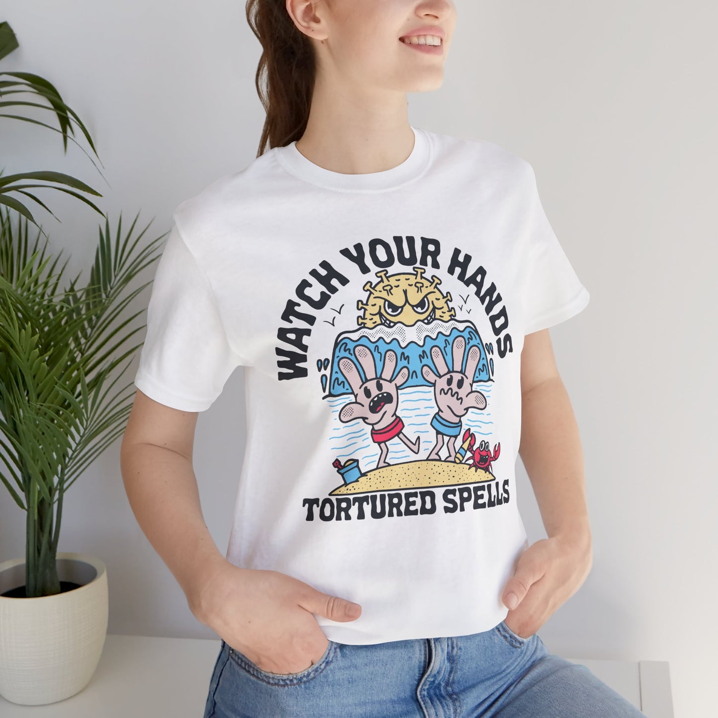 Watch Your Hands (Wash Your Hands, Coronavirus Reference), Unisex, White/Black Jersey, Short Sleeve Tee