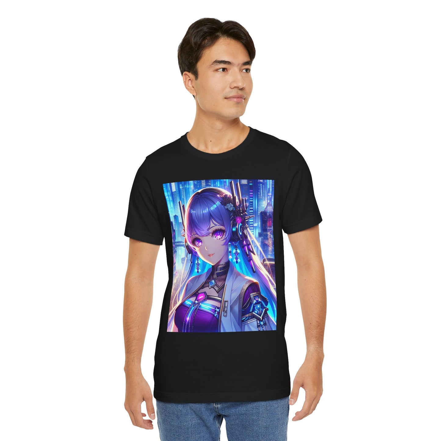 Anime Cyber-punk Gal, Unisex, Black Jersey, Short Sleeve Tee