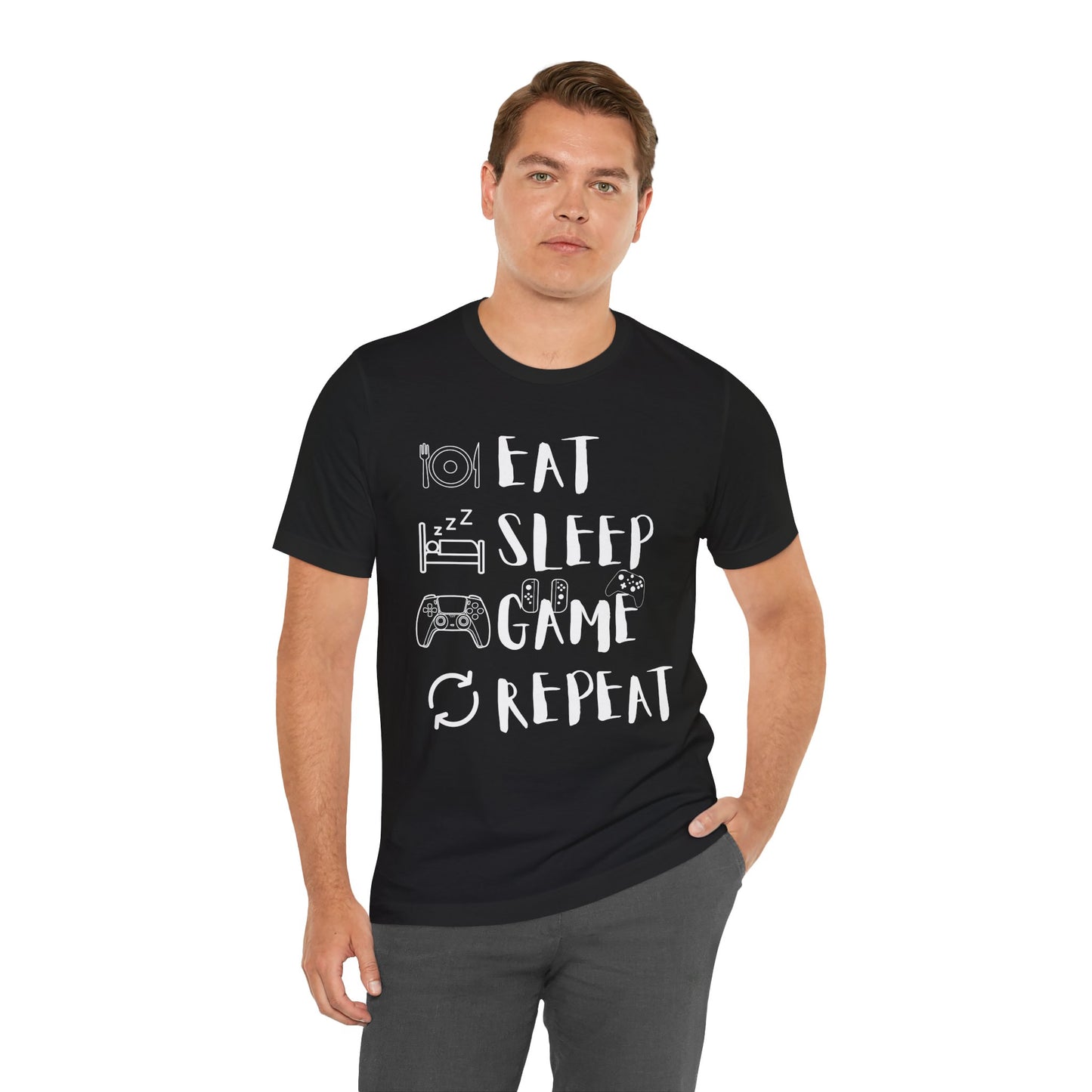 Gaming Repeat Tee, Unisex, Black Jersey, Short Sleeve Tee