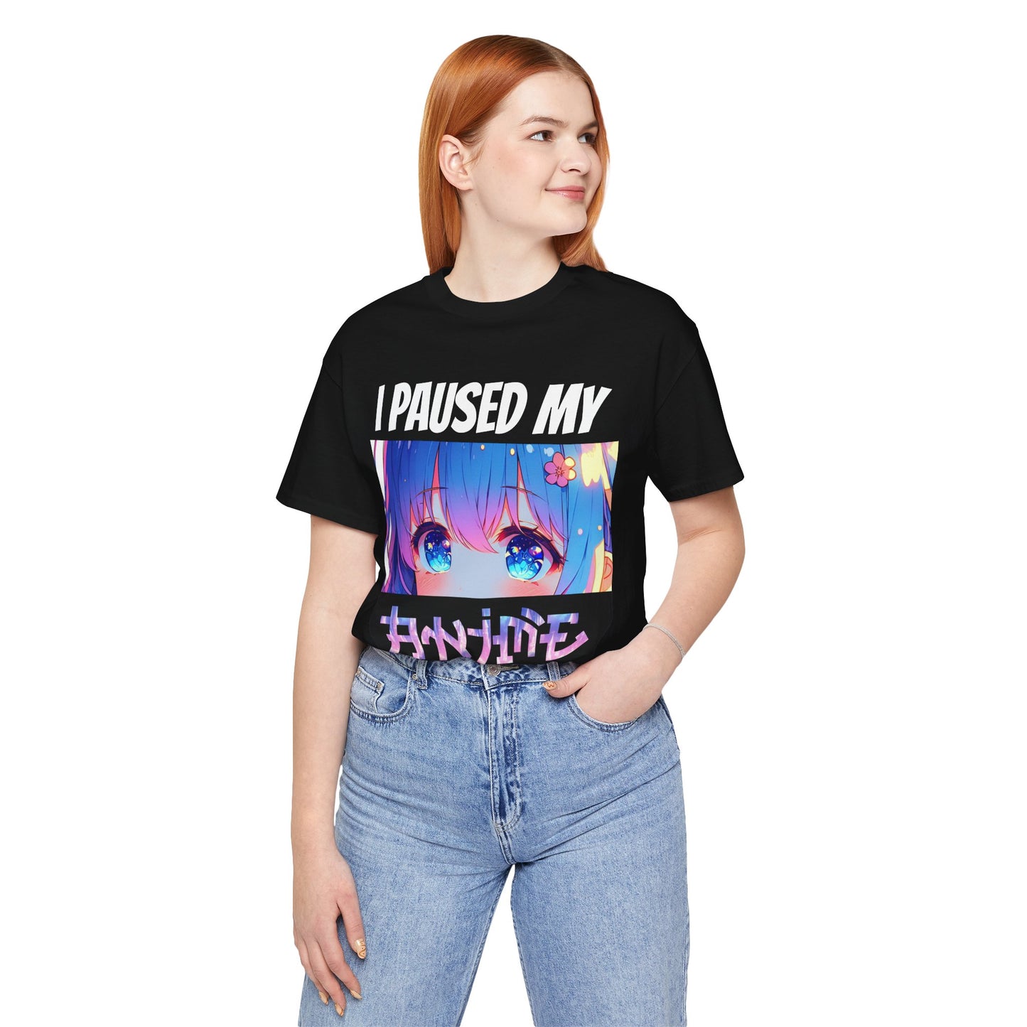 I PAUSED MY ANIME TO BE HERE (BLUE-HAIRED, BLUE-EYED GIRL), Unisex, Black Jersey, Short Sleeve Tee
