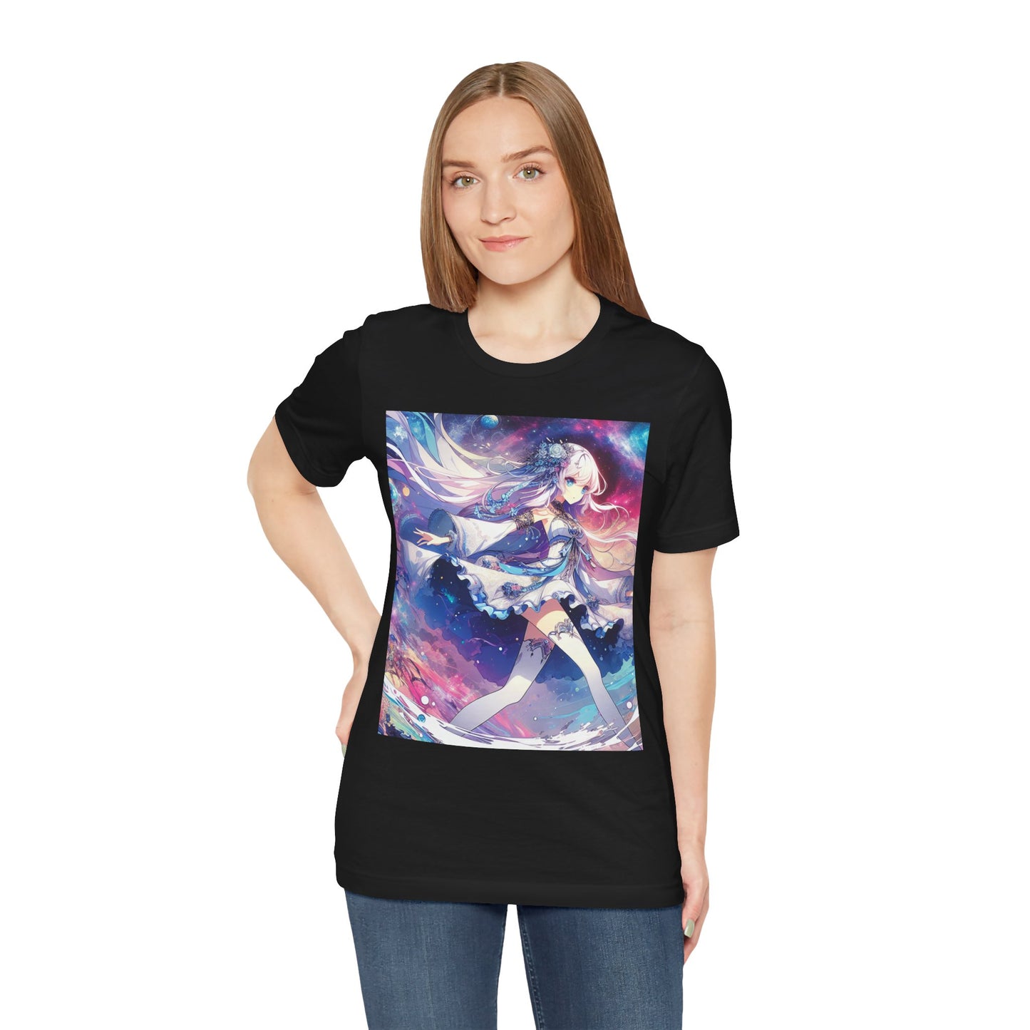 Anime Space Girl, Unisex, Black Jersey, Short Sleeve Tee
