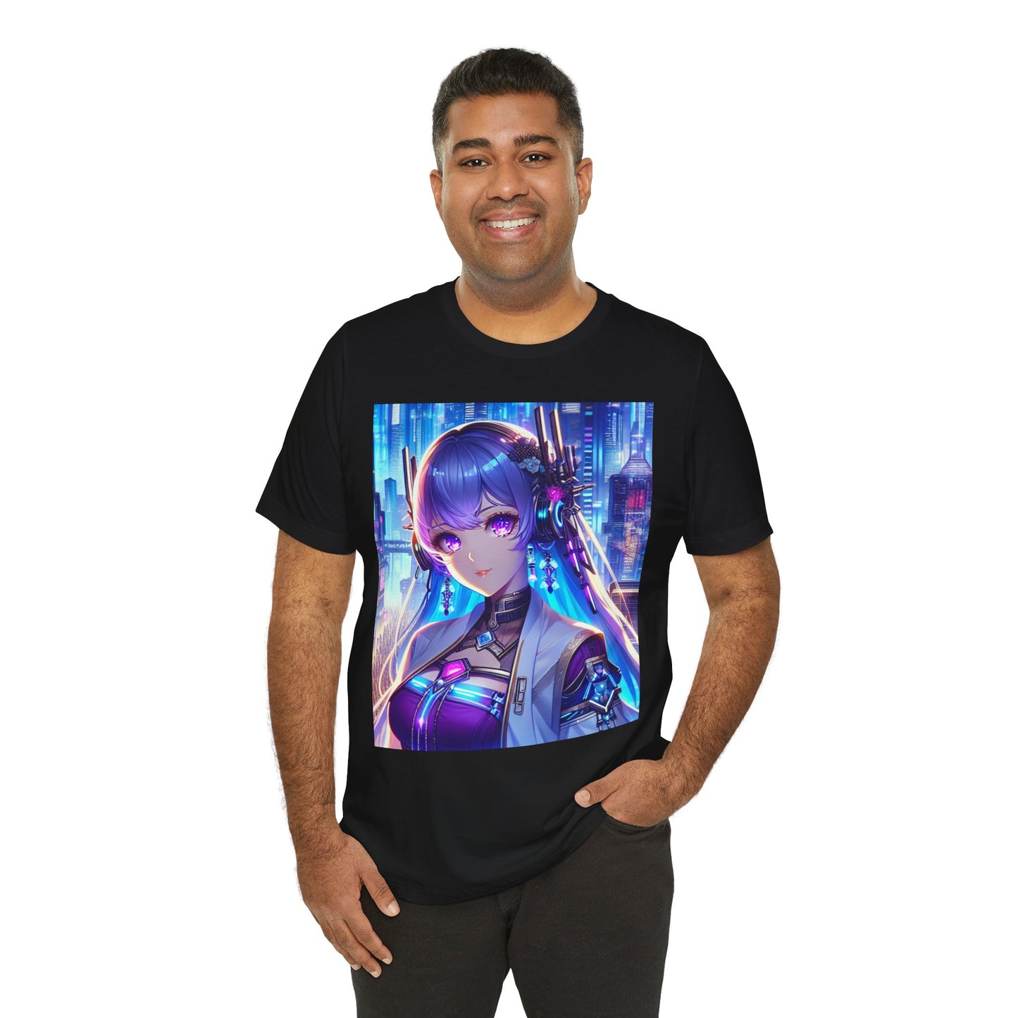 Anime Cyber-punk Gal, Unisex, Black Jersey, Short Sleeve Tee