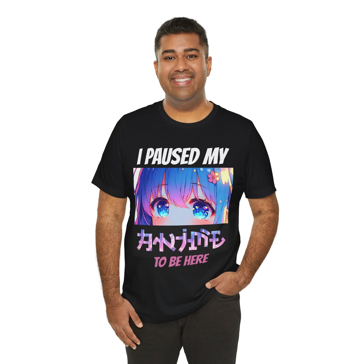 I PAUSED MY ANIME TO BE HERE (BLUE-HAIRED, BLUE-EYED GIRL), Unisex, Black Jersey, Short Sleeve Tee