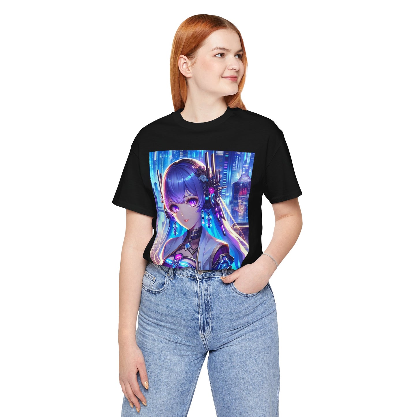 Anime Cyber-punk Gal, Unisex, Black Jersey, Short Sleeve Tee
