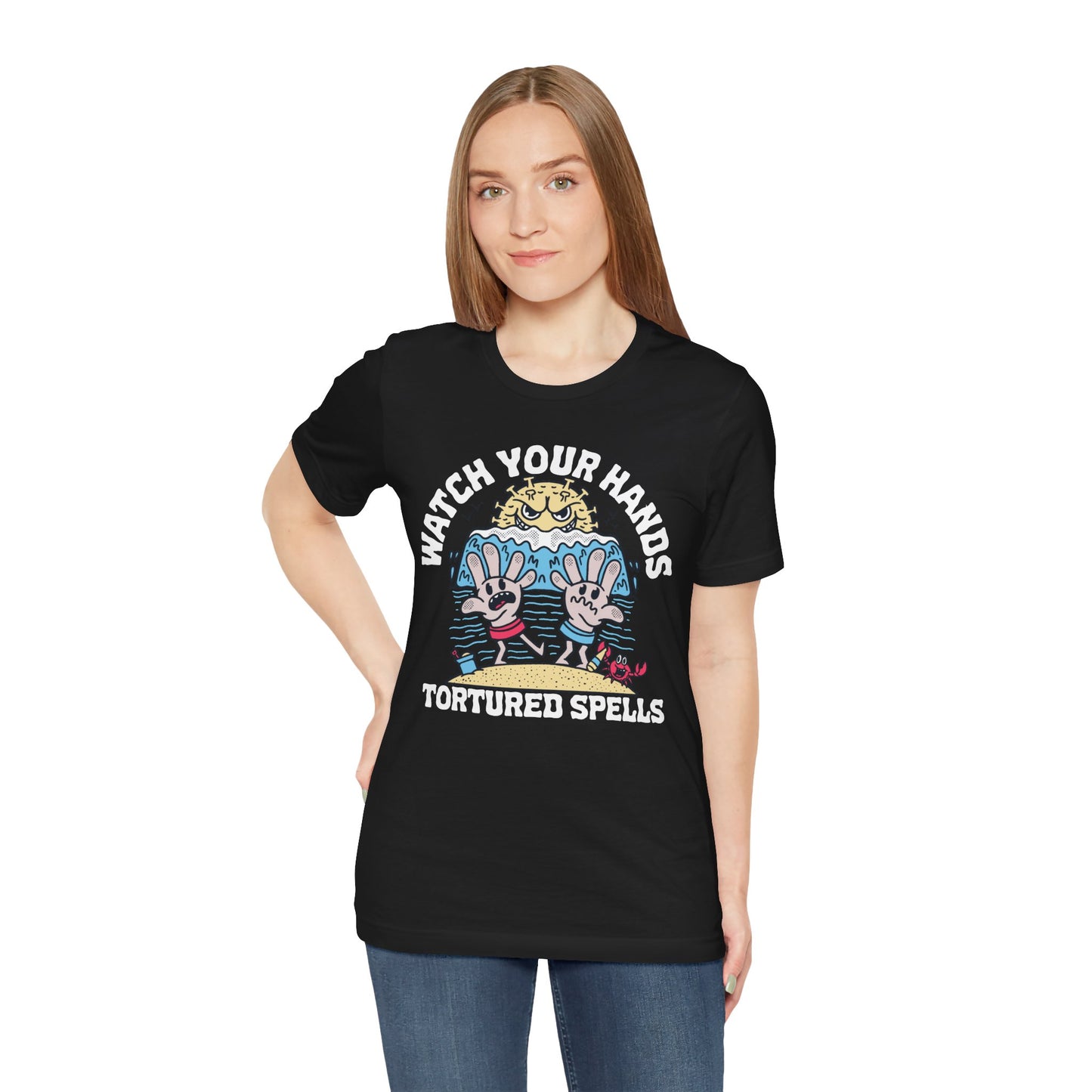 Watch Your Hands (Wash Your Hands, Coronavirus Reference), Unisex, White/Black Jersey, Short Sleeve Tee