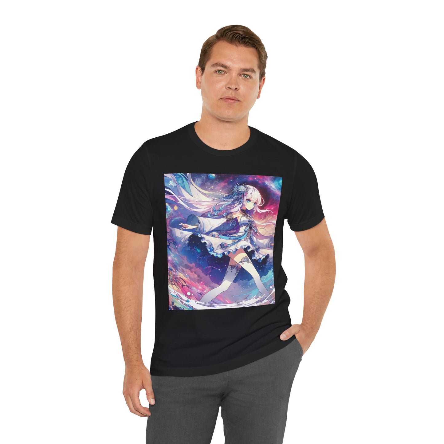Anime Space Girl, Unisex, Black Jersey, Short Sleeve Tee