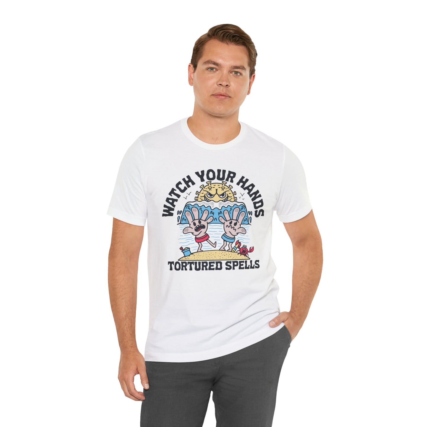 Watch Your Hands (Wash Your Hands, Coronavirus Reference), Unisex, White/Black Jersey, Short Sleeve Tee