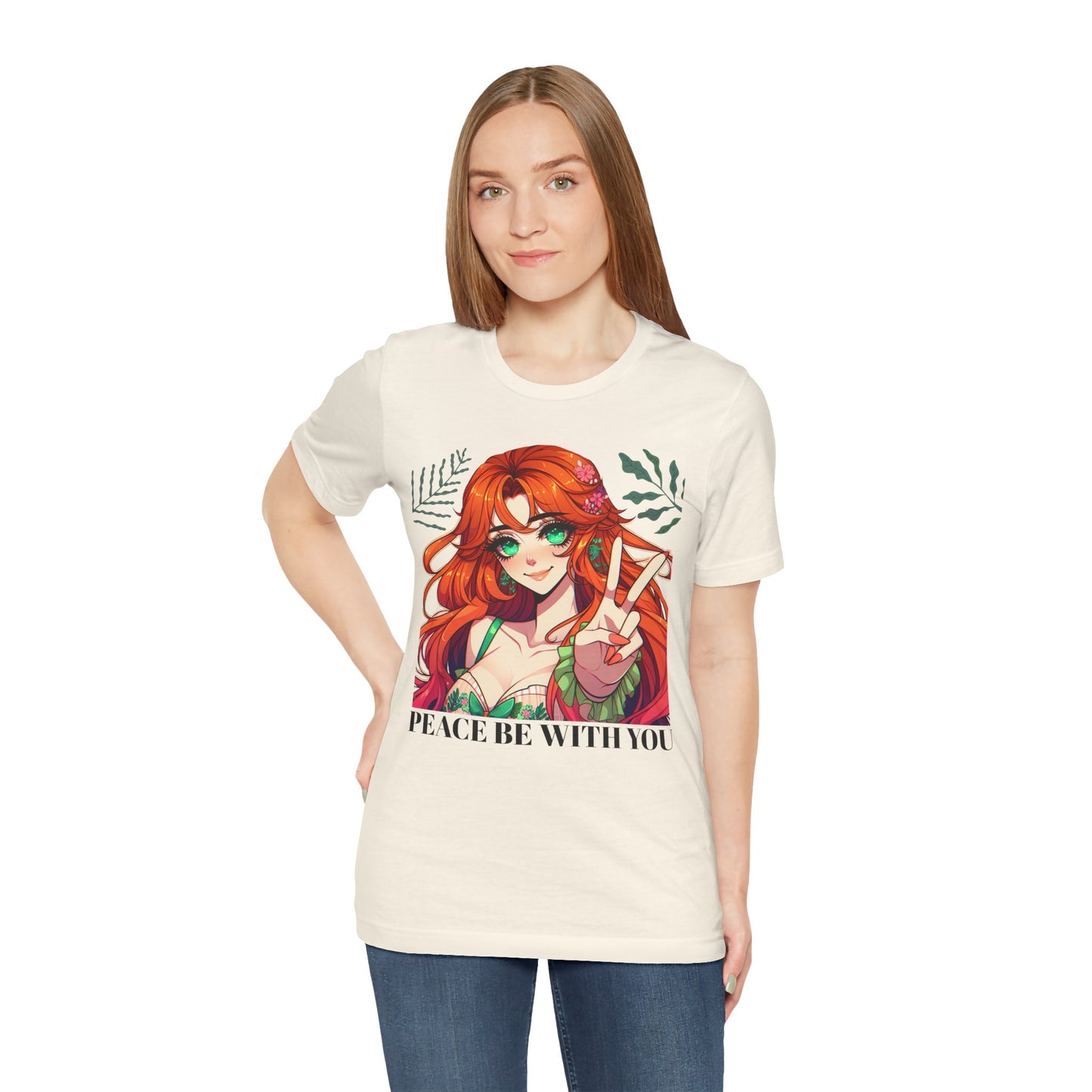 Anime 'PEACE BE WITH YOU' Gal, Unisex, Black Jersey, Short Sleeve Tee
