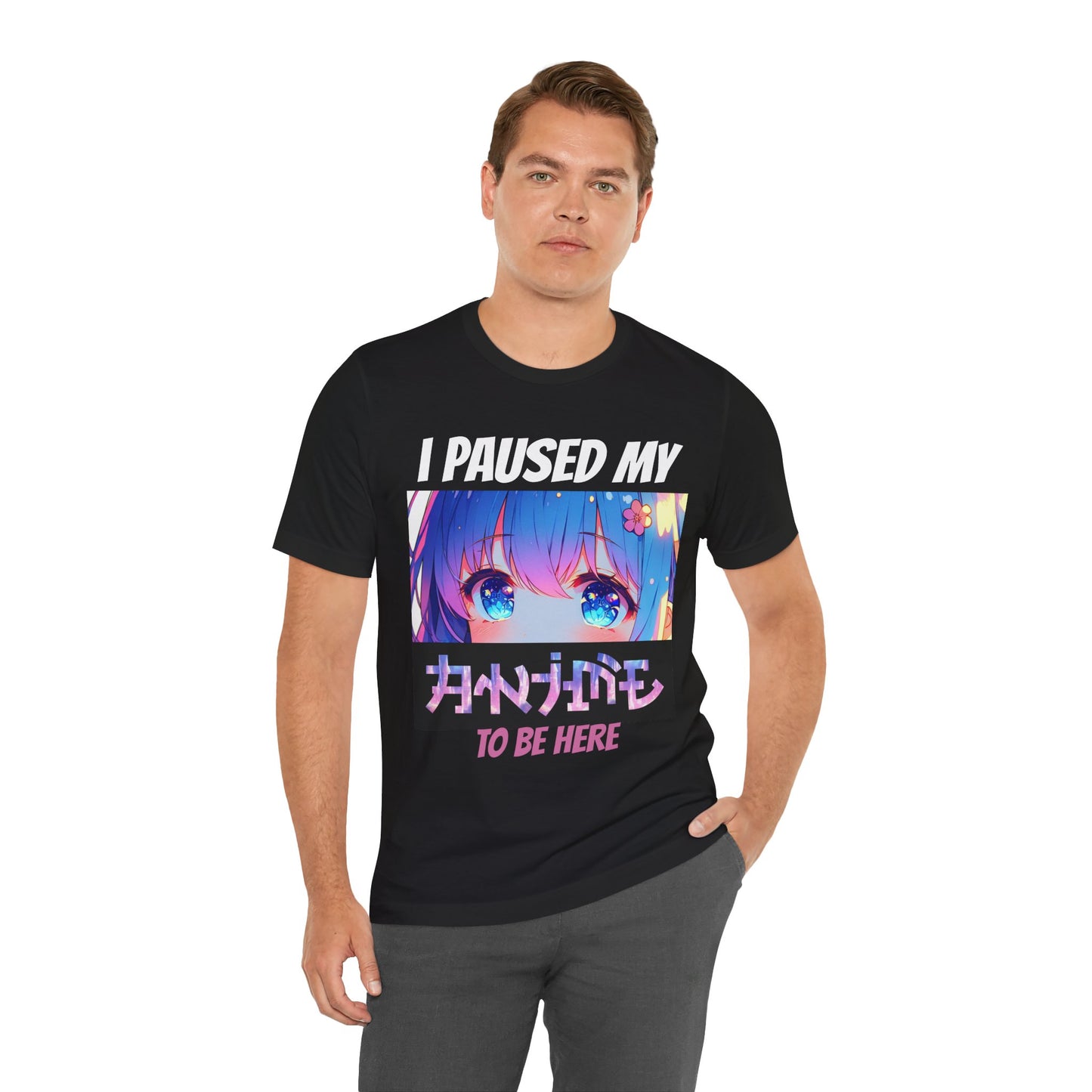 I PAUSED MY ANIME TO BE HERE (BLUE-HAIRED, BLUE-EYED GIRL), Unisex, Black Jersey, Short Sleeve Tee