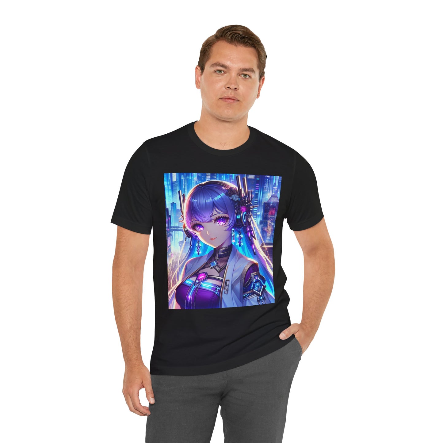 Anime Cyber-punk Gal, Unisex, Black Jersey, Short Sleeve Tee