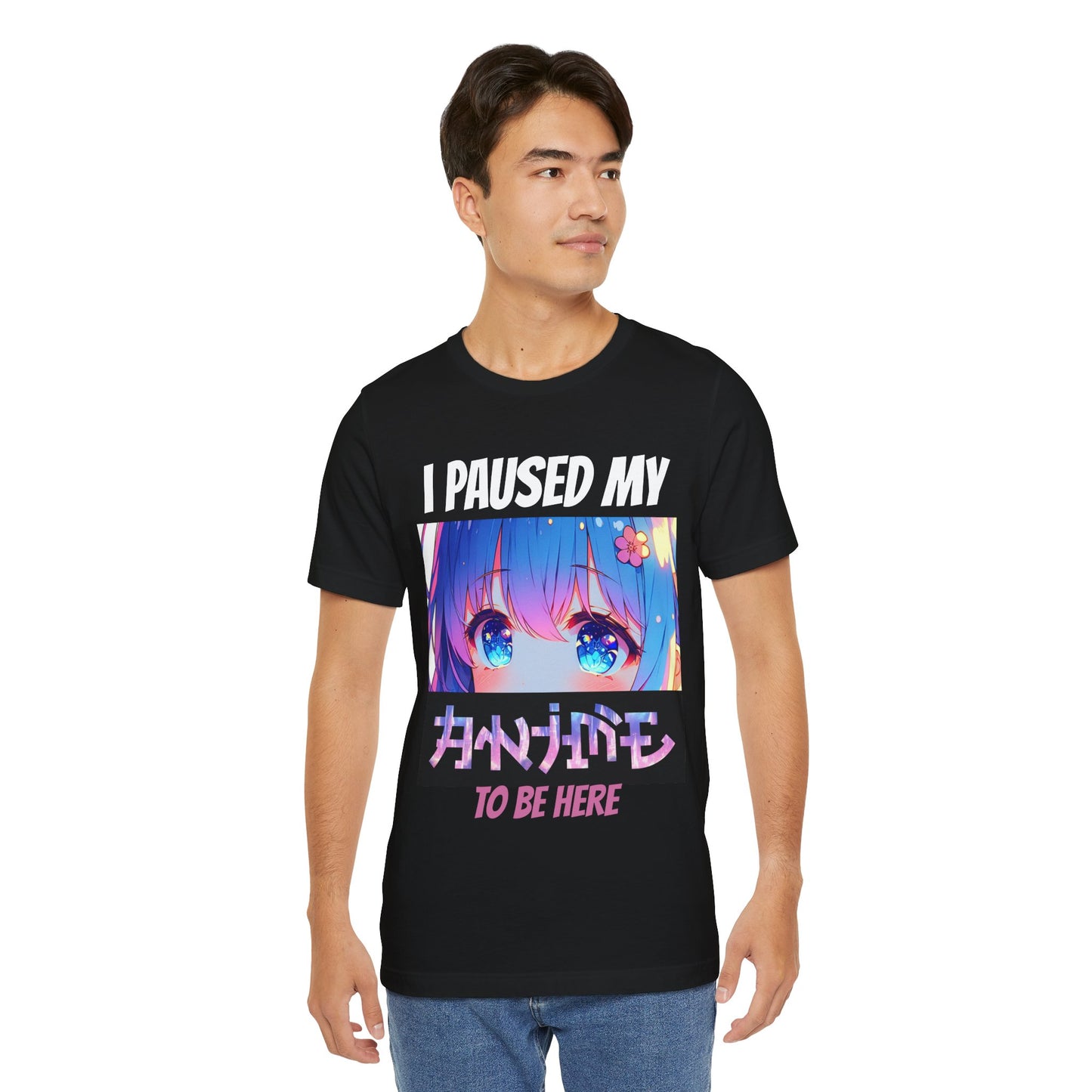 I PAUSED MY ANIME TO BE HERE (BLUE-HAIRED, BLUE-EYED GIRL), Unisex, Black Jersey, Short Sleeve Tee