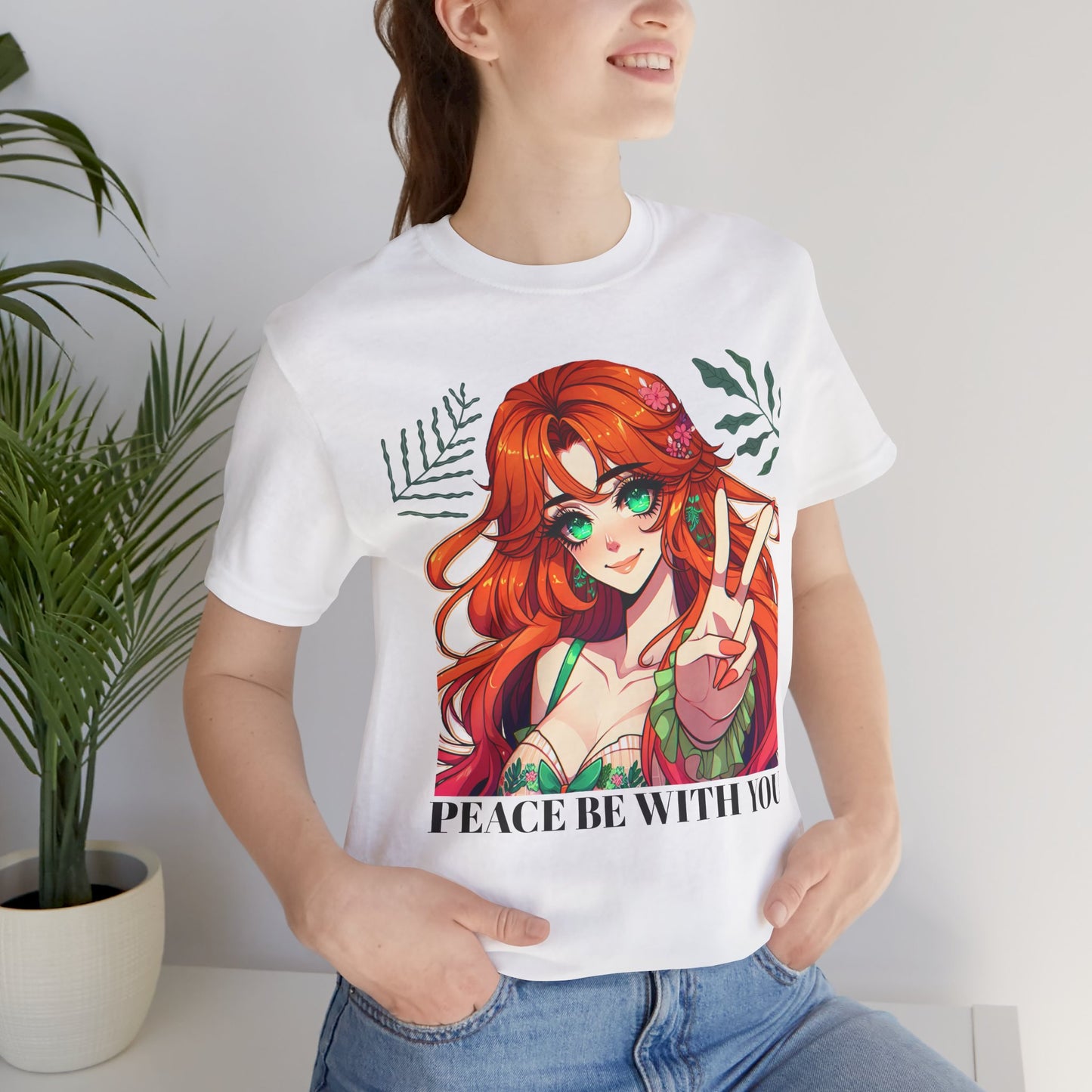 Anime 'PEACE BE WITH YOU' Gal, Unisex, Black Jersey, Short Sleeve Tee